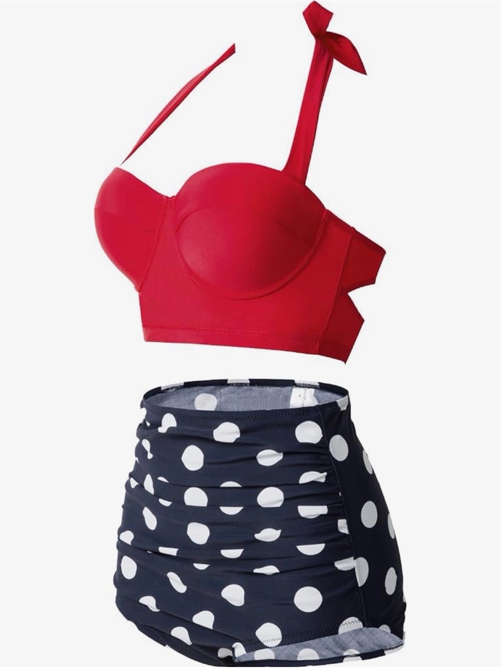 Red Bustier Bikini Top with Navy Polka Dot High-Waist Bottoms